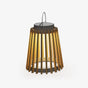 Tapered lantern with vertical timber tone slats and a fine wire handle