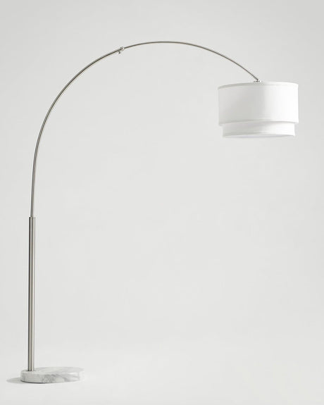 Tall satin nickel arc floor lamp with a two tier white linen shade