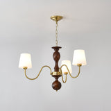 Five fabric cones lit with the walnut column dark at the middle
