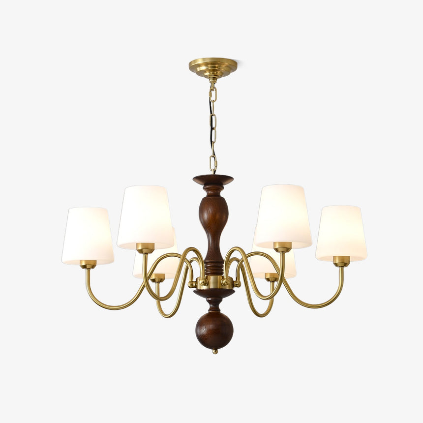 The chandelier seen in full with chain, column, arms and cones