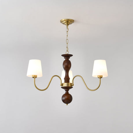 Three light chandelier with white fabric cones on a walnut column