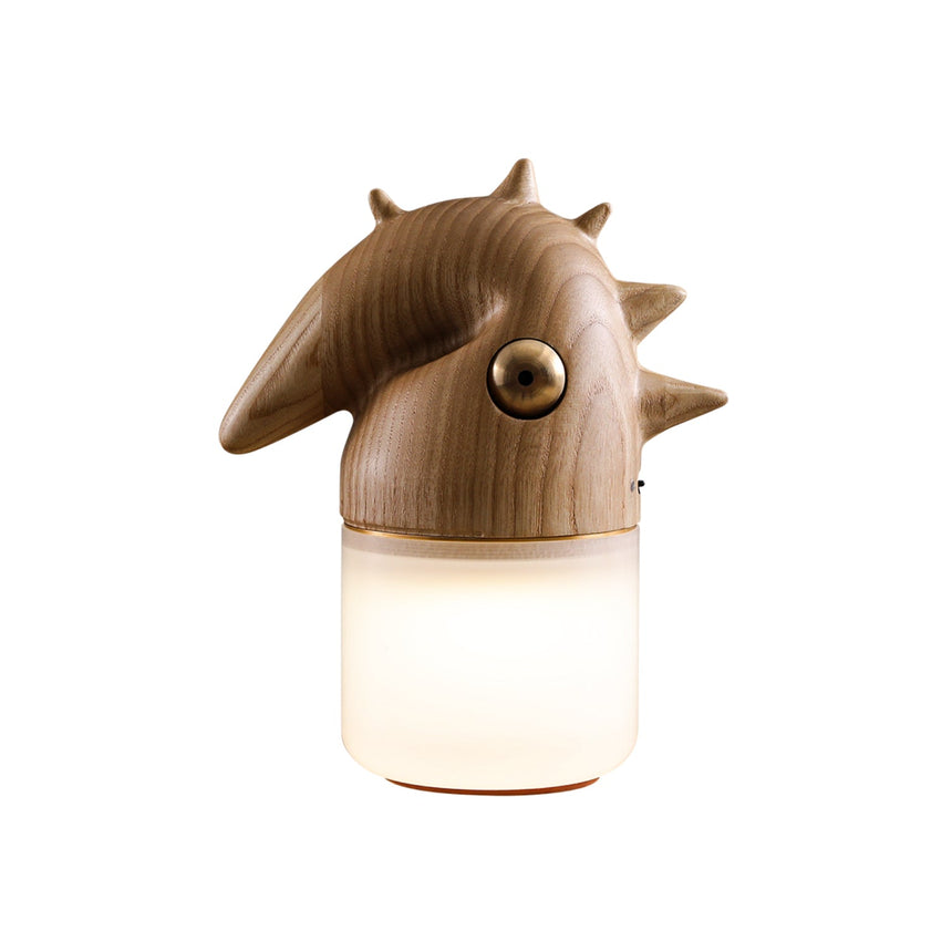 Natural wood touch control bedside lamp lit, seen at an angle