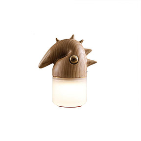 Touch control bedside lamp in natural wood, lit, front view