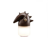 Touch control bedside lamp in walnut, lit, front view