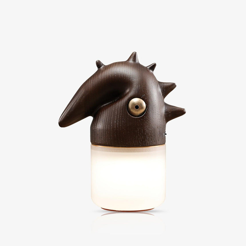 Touch control bedside lamp with a carved wood crest head, plain ground
