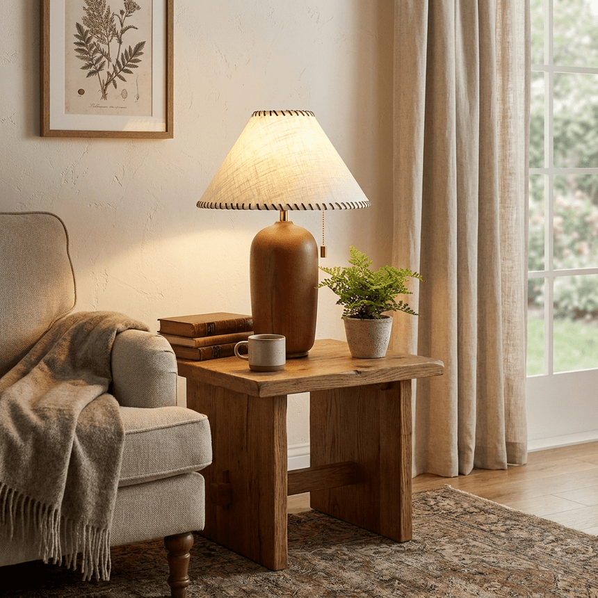 Traditional table lamp lit on a wood table beside an armchair