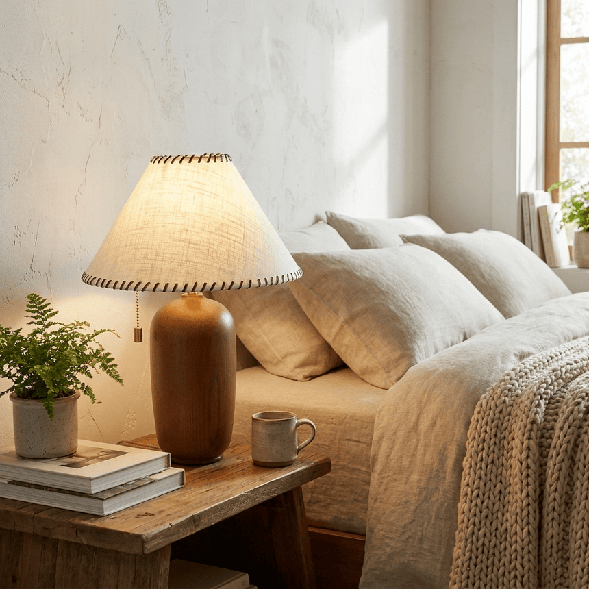 Traditional table lamp lit on a wood table beside a made bed