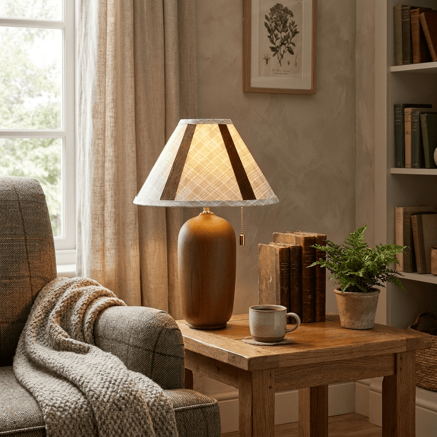 Traditional table lamp with a plaid shade lit in a living room