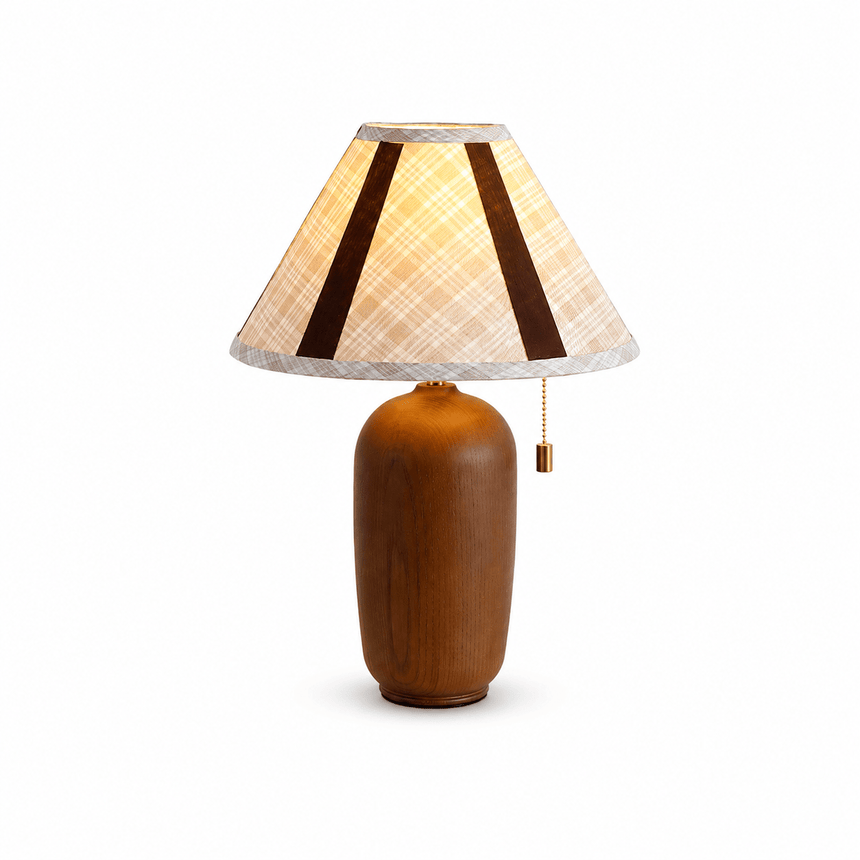 Traditional table lamp with a plaid fabric shade, plain ground