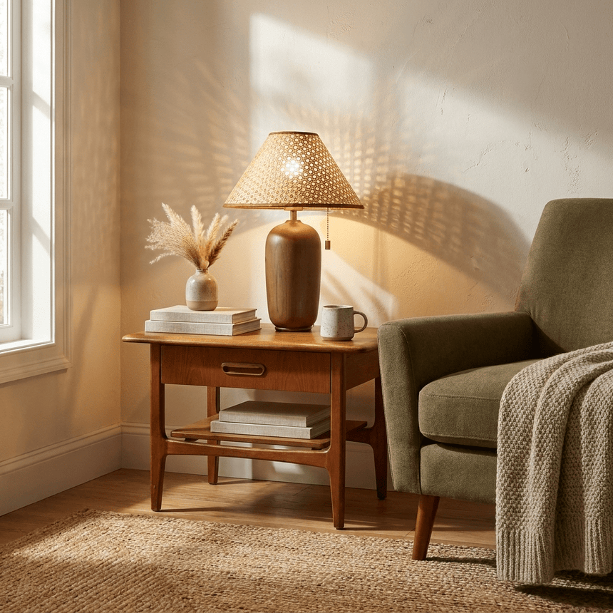 Traditional table lamp with a rattan shade lit on a side table