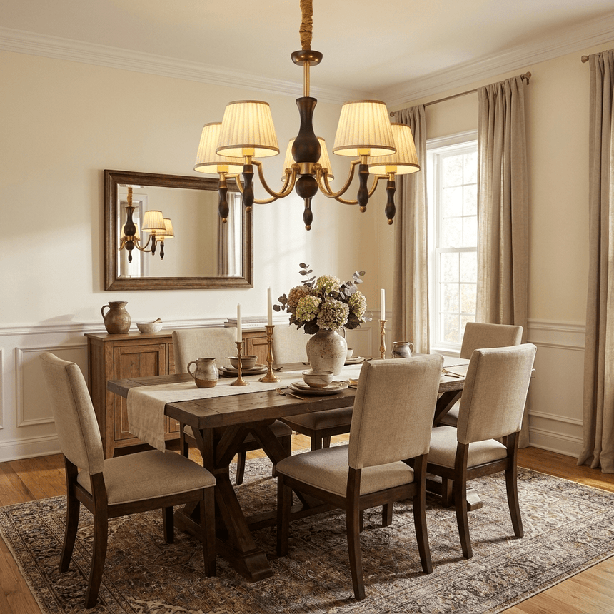 Chandelier lit above a long dining table with upholstered chairs