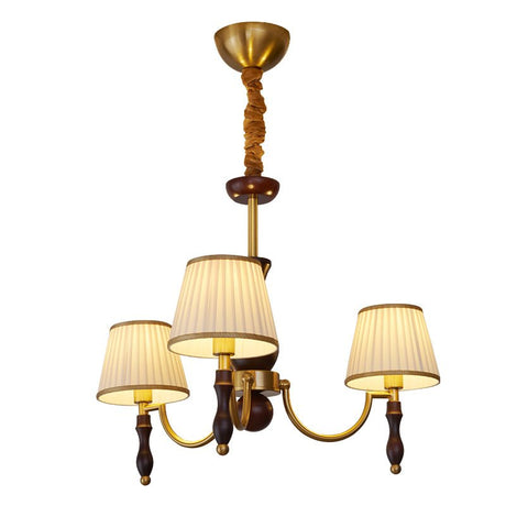 Three light chandelier with pleated shades on a walnut column