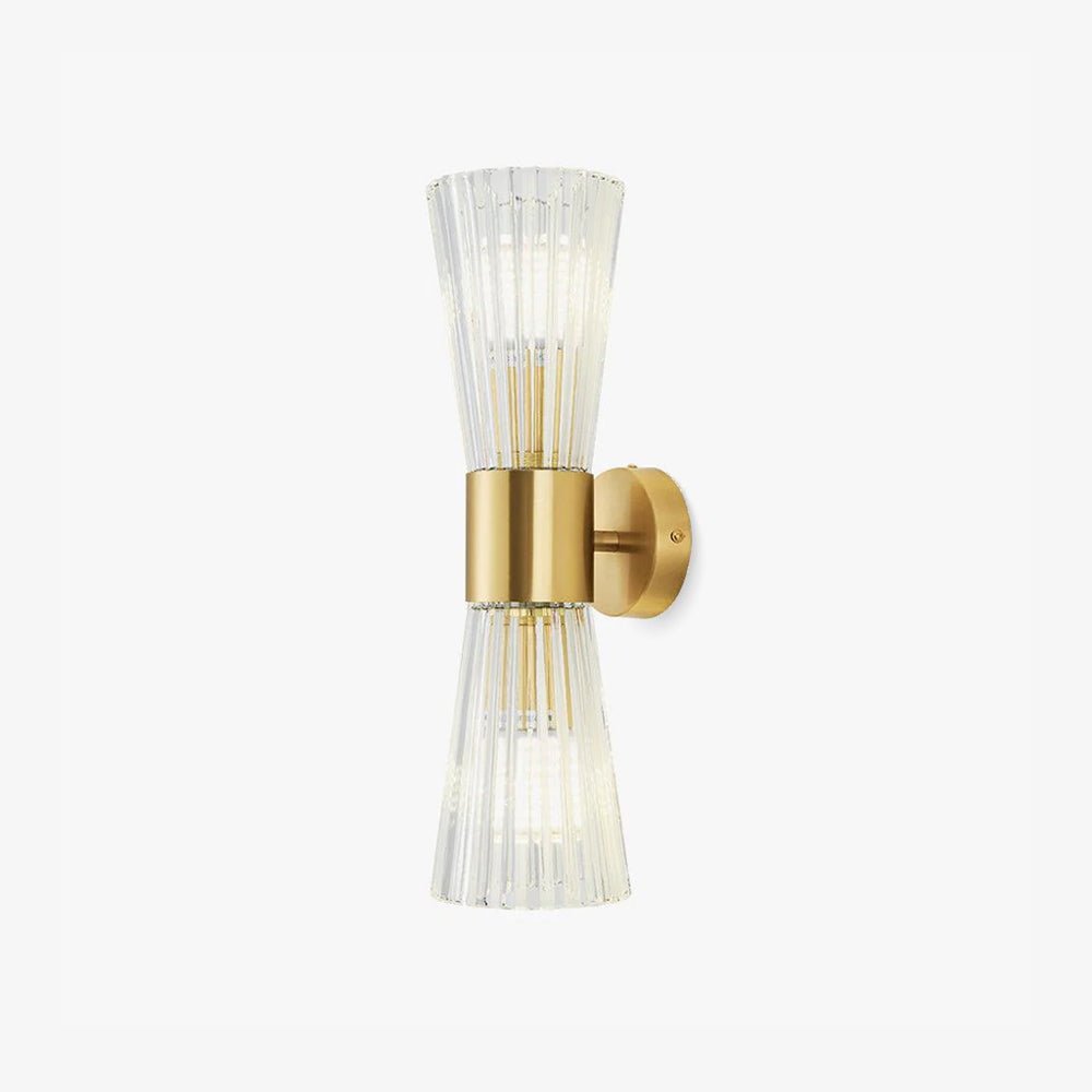 Wall sconce with a gold cylinder between two flared shades of ribbed clear glass