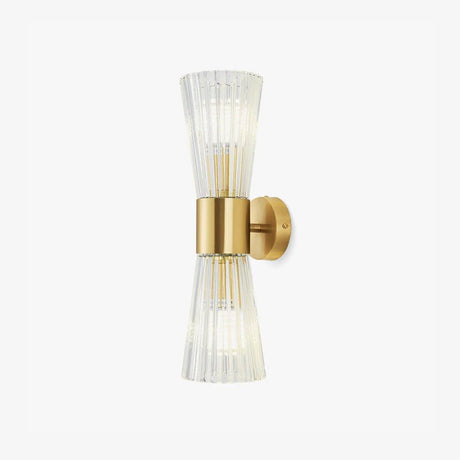 Wall sconce with a gold cylinder between two flared shades of ribbed clear glass