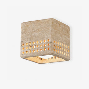 Travertine flush mount ceiling light in a square block shape with a perforated band