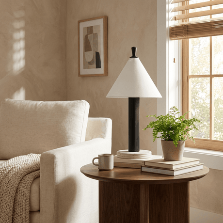 Travertine table lamp with a black column on a table by a sofa
