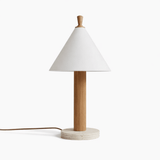 Travertine table lamp with a light wood fluted column, plain ground