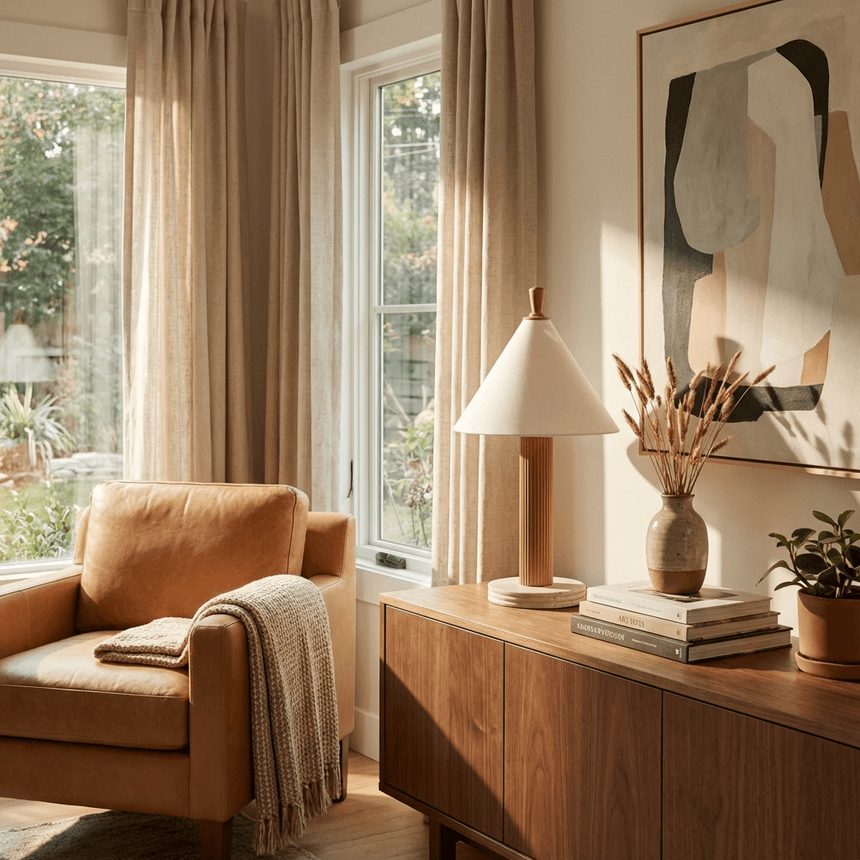 Travertine table lamp lit on a wood sideboard beside dried stems