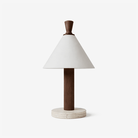 Travertine table lamp with a walnut fluted column and a white cone shade