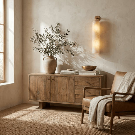 The lit tube on a plaster wall above a wood cabinet beside a woven chair