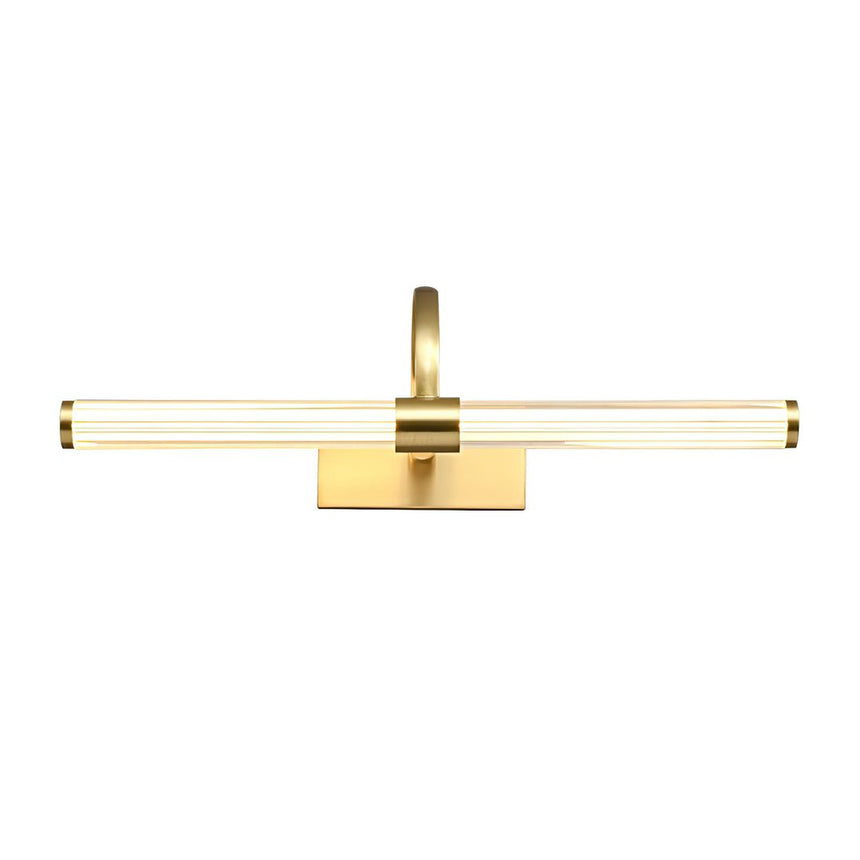 Ribbed clear tube on a small brass arch rising from a plain rectangular plate