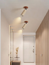 Two travertine tubes lit on a hallway ceiling above a pale wood floor