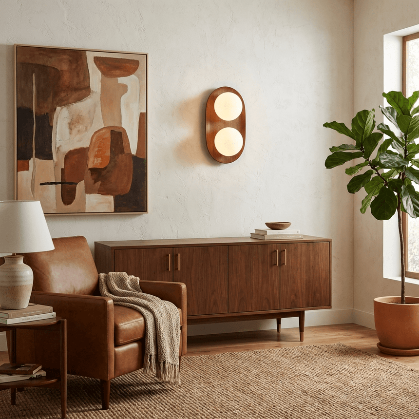 Sconce lit beside a framed artwork above a sideboard with a plant nearby