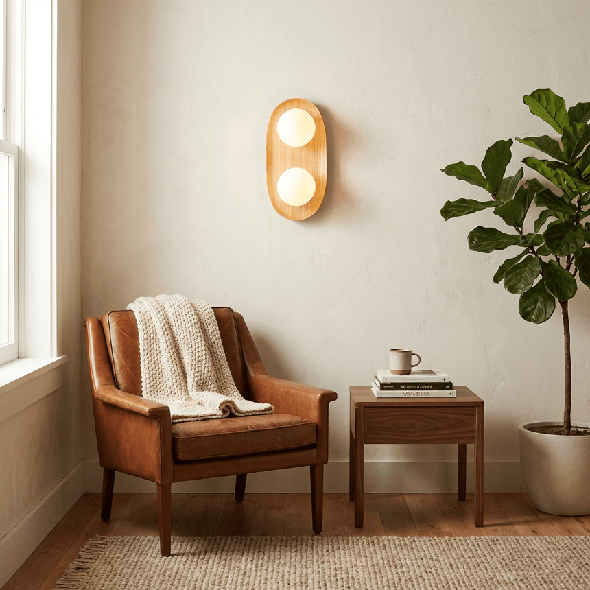 Sconce lit above a leather armchair with a throw, a side table and a plant