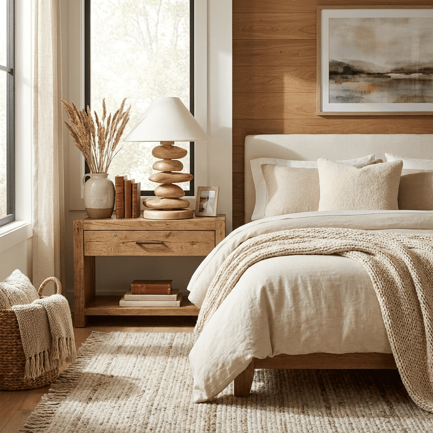 Unique table lamp lit on a nightstand beside a cream bed
