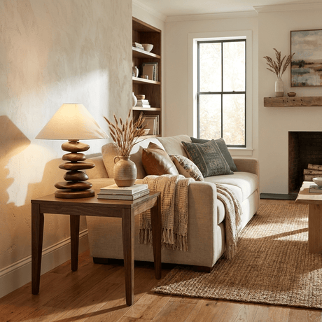 Unique table lamp on a console in a living room with a fireplace