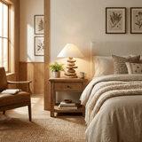 Unique table lamp lit on a nightstand in a bedroom corner