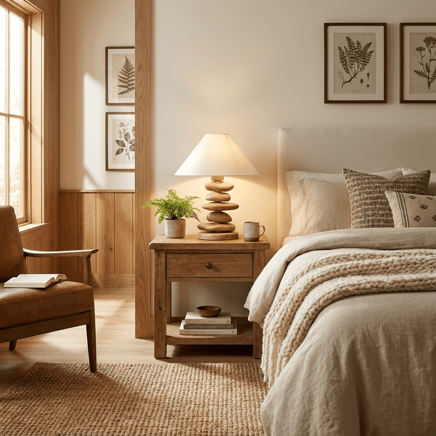 Unique table lamp lit on a nightstand in a bedroom corner