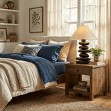Unique table lamp lit on a nightstand beside a blue bed