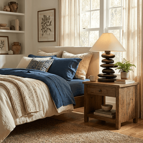 Unique table lamp lit on a nightstand beside a blue bed
