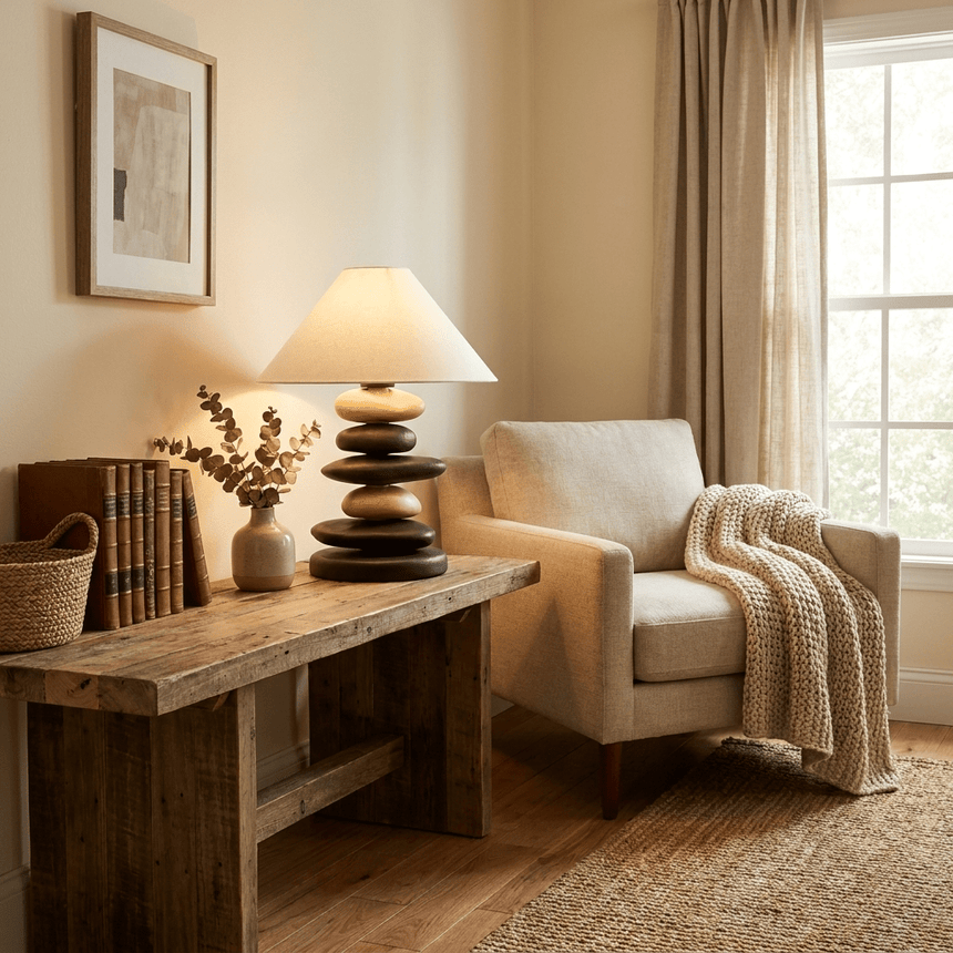 Unique table lamp on a rustic bench in a pale living room