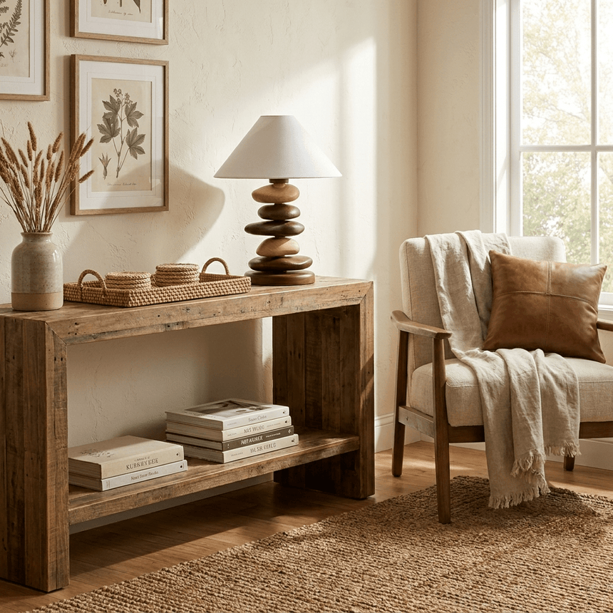 Unique table lamp on a console with books beside an armchair