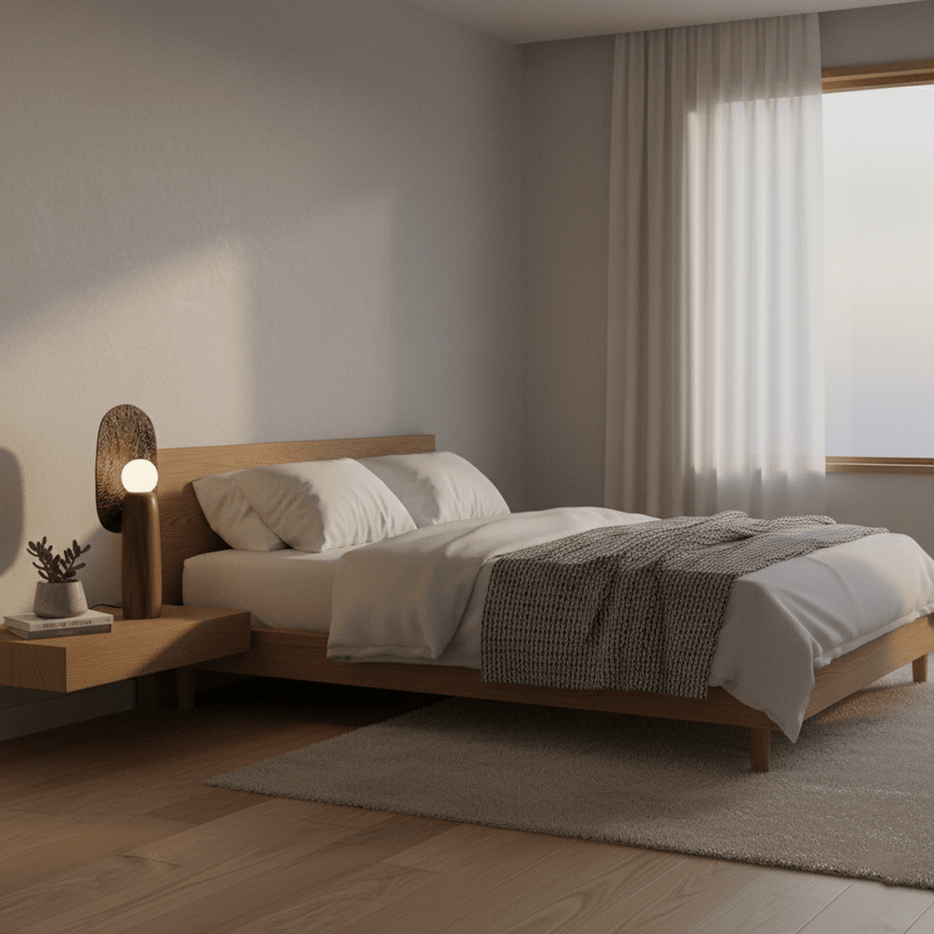 Totem table lamp lit on a low nightstand beside a wood framed bed