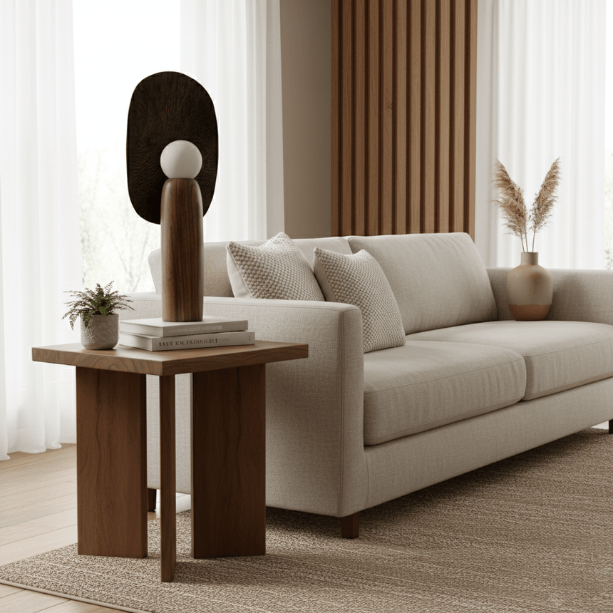 Totem table lamp on a square side table in a living room with a cream sofa