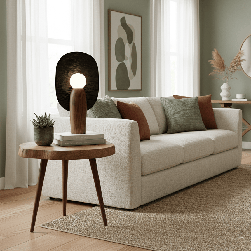 Totem table lamp lit on a round side table beside a cream sofa