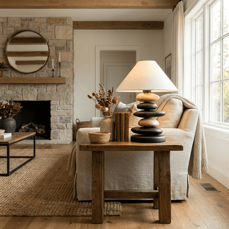 Unique table lamp on a console below a round mirror in a living room