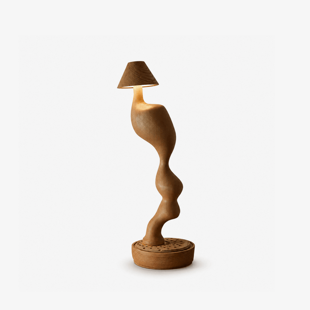 USB table lamp carved from wood standing against a plain background