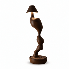 Cordless table lamp in dark wood seen from the front, plain background
