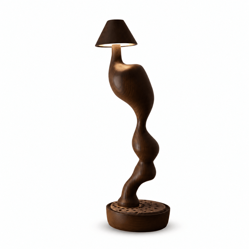 Cordless table lamp in dark wood seen from the front, plain background
