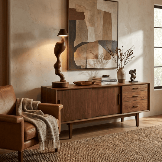 Cordless carved wood table lamp on a walnut sideboard beside a vase