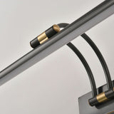 Close view of the dark bronze arms and the joint where they enter the wall plate
