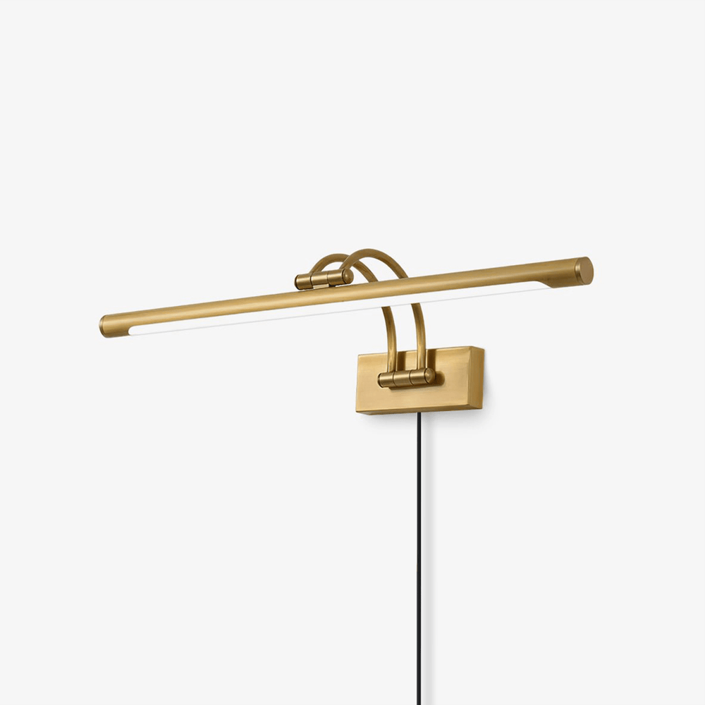 Vanity light with plug, a brass tube on two curved arms with the cord hanging free