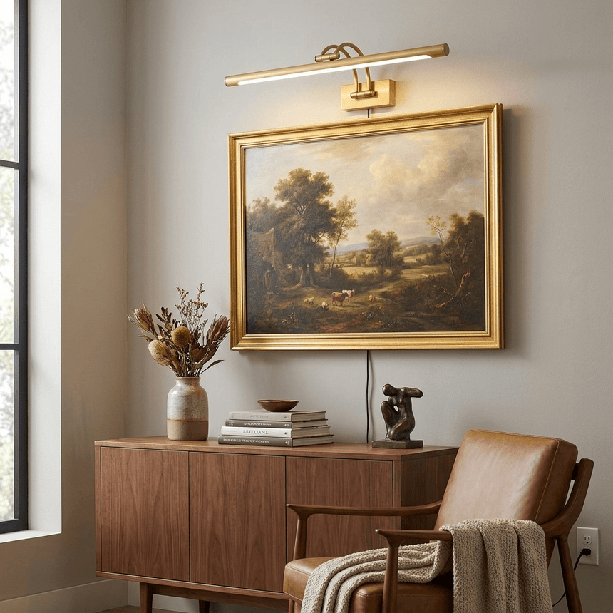 Brass bar lit over a gilt framed landscape painting above a walnut sideboard and a chair