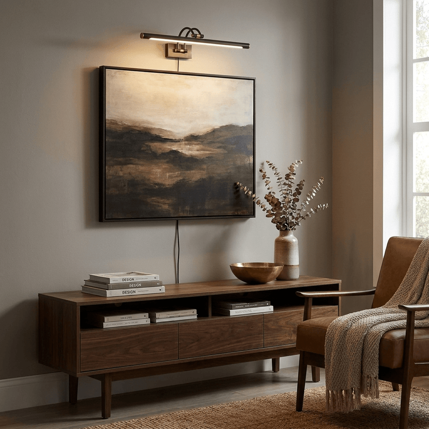 Dark bronze bar lit over a dark landscape canvas above a low walnut console and chair