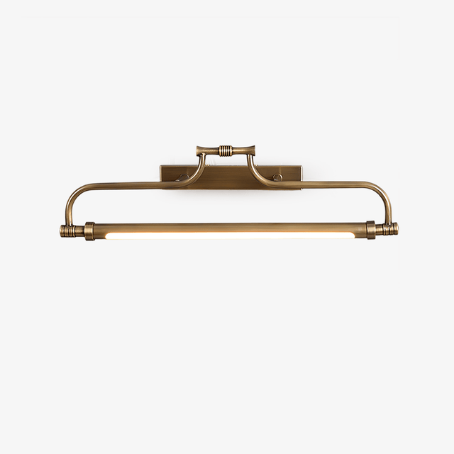 An arched metal bracket carrying a slim tube, seen straight on against a pale ground