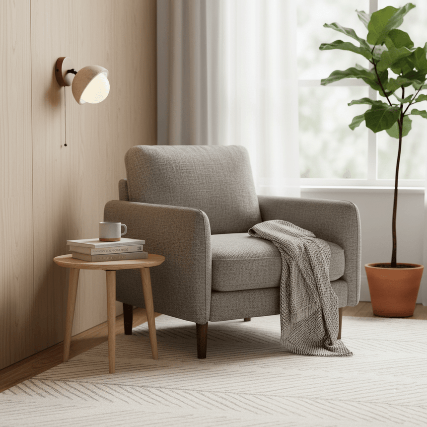 Single dome lit above a small side table beside an armchair and a plant